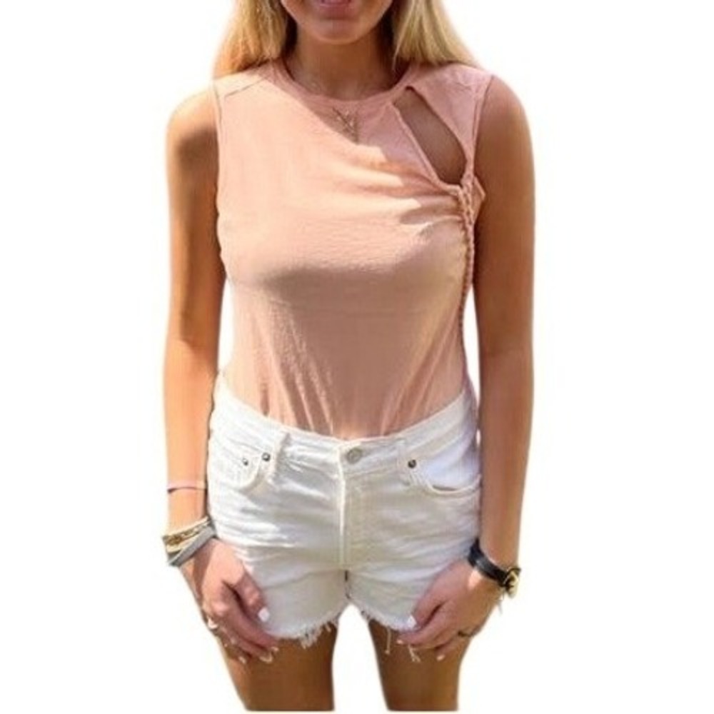 NOAM Womens Edgy Peach Cutout Braided Bodysuit Blouse Top Sz L Alternative Indie